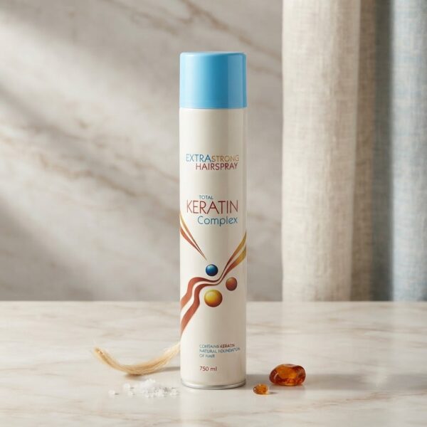 Total Keratin Complex Extra Strong Hairspray Profesjonalny lakier do włosów z kompleksem keratynowym o silnym utrwaleniu i pojemności 750 ml